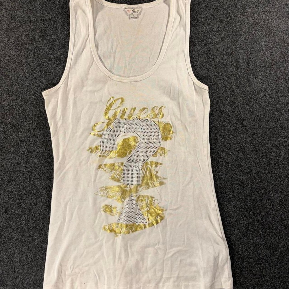 Guess White Rhinestone Gold Foil Logo Tank Top XL Y2K Streetwear